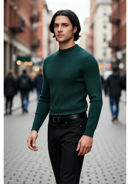 Erkek Dik Yaka Uzun Kol Fitilli Dar Kalıp Triko Kazak Kış Sezonu Için Modern ve Konforlu Stil modelleri