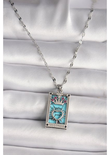 316L Çelik Gümüş Renk Pembe Zirkon Taşlı Taç Kalp Portre Model Kadın Kole - Lisinya