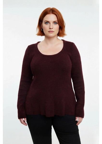 Kadın Mürdüm Casual Akrilik Triko Kazak Havuz Yaka Fitted Kesim Kışlık Günlük Şıklık Kaliteli