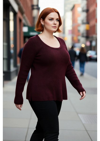 Kadın Mürdüm Casual Akrilik Triko Kazak Havuz Yaka Fitted Kesim Kışlık Günlük Şıklık Kaliteli modelleri