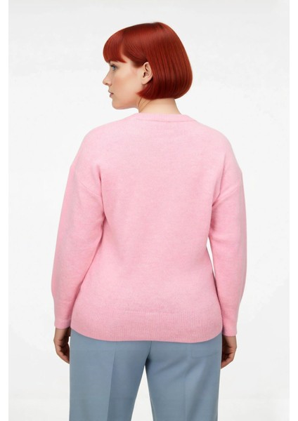 Kadın Pembe Işıltılı Taş Işlemeli Regular Kesim Bisiklet Yaka Uzun Kollu Günlük Triko Kazak fiyatları