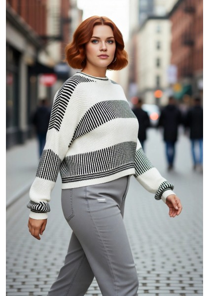 Kadın Relaxed Kesim Çizgili Bisiklet Yaka Triko Kazak Düşük Kollu Crop Boy Günlük Şıklık Sunar modelleri