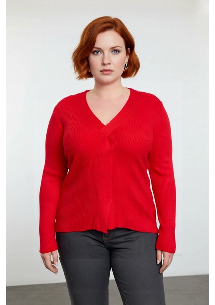 Kadın Düz Desen Fitilli V Yaka Uzun Kollu Triko Kazak Sonbahar Kış Şıklığı Için Ideal Kaliteli