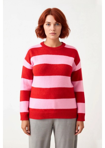 Kadın Rahat Kesim Çizgili Bisiklet Yaka Triko Kazak Uzun Kollu Soğuk Hava Için Ideal Kaliteli