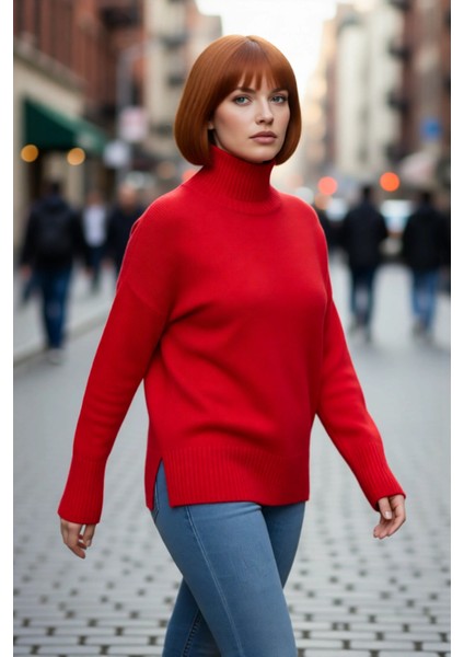 Kadın Düz Desen Akrilik Triko Kazak Relaxed Kalıp Dik Yaka Düşük Kol Kış Için Konforlu Stil modelleri