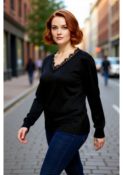 Kadın Triko V Yaka Kazak Ince Dokusuyla Konfor Sunarken Dantel Detayları Zarafet Katar Kaliteli modelleri