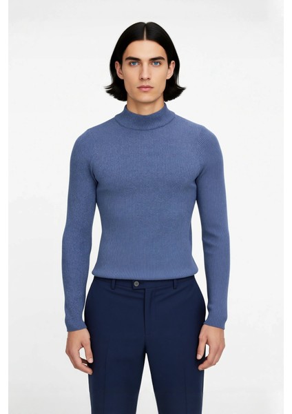 Erkek Dik Yaka Uzun Kol Fitilli Dar Kalıp Triko Kazak Kış Sezonu Için Modern ve Konforlu Stil