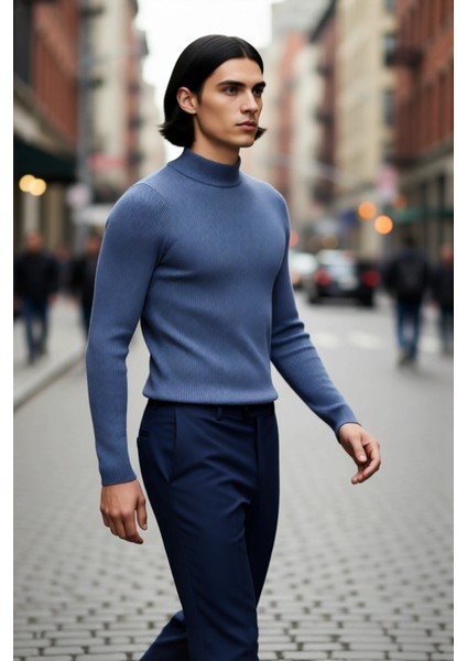 Erkek Dik Yaka Uzun Kol Fitilli Dar Kalıp Triko Kazak Kış Sezonu Için Modern ve Konforlu Stil modelleri