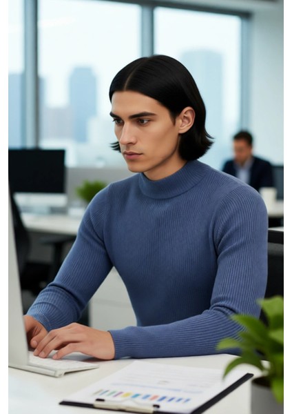 Erkek Dik Yaka Uzun Kol Fitilli Dar Kalıp Triko Kazak Kış Sezonu Için Modern ve Konforlu Stil fırsatları