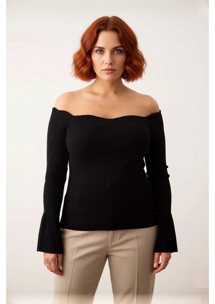 Kadın Triko Carmen Yaka Kazak Fitted Kalıp Fitilli Dokuma Uzun Reglan Kol Şık Bodycone Tasarım