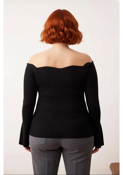 Kadın Triko Carmen Yaka Kazak Fitted Kalıp Fitilli Dokuma Uzun Reglan Kol Şık Bodycone Tasarım fiyatları