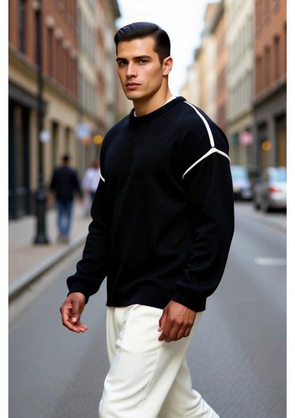 Erkek Oversize Fit Geniş Kalıp Bisiklet Yaka Düşük Kol Biye Detaylı Triko Kazak Günlük Şıklık modelleri