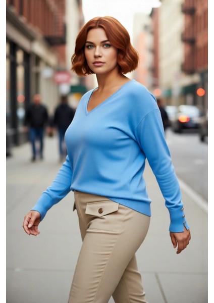 Kadın Düz Desen Regular Kalıp Triko V Yaka Kazak Uzun Kollu ve Şık Düğme Detayları Ile Kaliteli modelleri