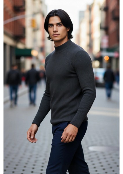 Erkek Dik Yaka Uzun Kol Fitilli Dar Kalıp Triko Kazak Kış Sezonu Için Modern ve Konforlu Stil modelleri