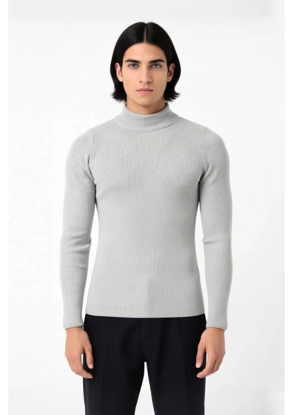 Erkek Dik Yaka Uzun Kol Fitilli Dar Kalıp Triko Kazak Kış Sezonu Için Modern ve Konforlu Stil
