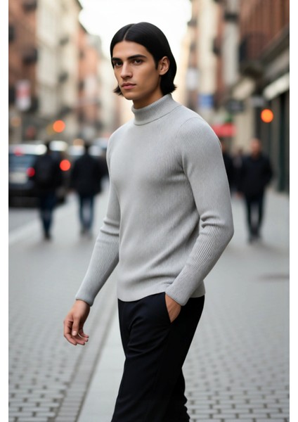 Erkek Dik Yaka Uzun Kol Fitilli Dar Kalıp Triko Kazak Kış Sezonu Için Modern ve Konforlu Stil modelleri