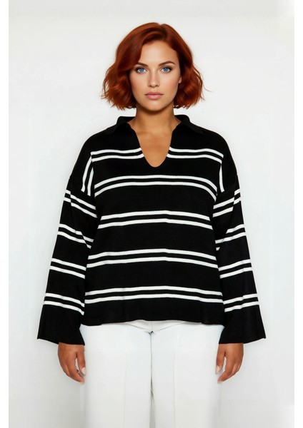 Kadın Polo Yaka Çizgili Akrilik Triko Kazak Relaxed Kalıbı Sayesinde Soğuk Havalara Şıklık Katıyor