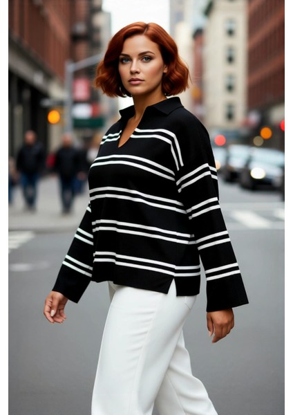 Kadın Polo Yaka Çizgili Akrilik Triko Kazak Relaxed Kalıbı Sayesinde Soğuk Havalara Şıklık Katıyor modelleri