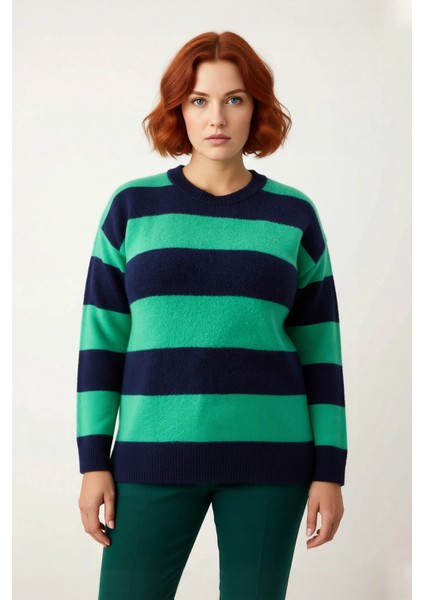 Kadın Rahat Kesim Çizgili Bisiklet Yaka Triko Kazak Uzun Kollu Soğuk Hava Için Ideal Kaliteli