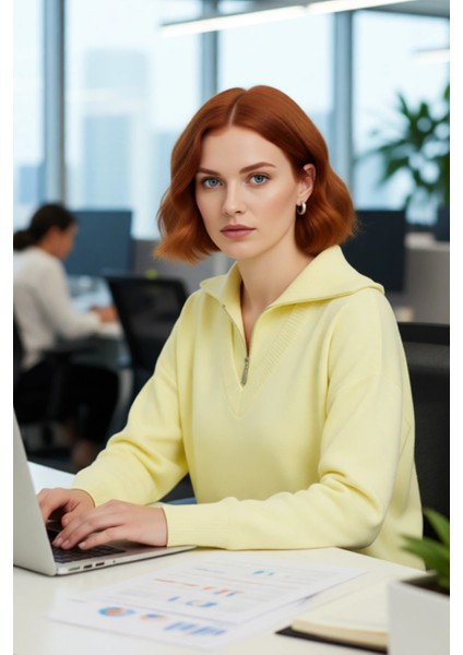 Kadın Rahat Kesim Kırmızı Devrik Yaka Fermuarlı Triko Kazak Düz Desenli Akrilik Kışlık Şıklık fırsatları