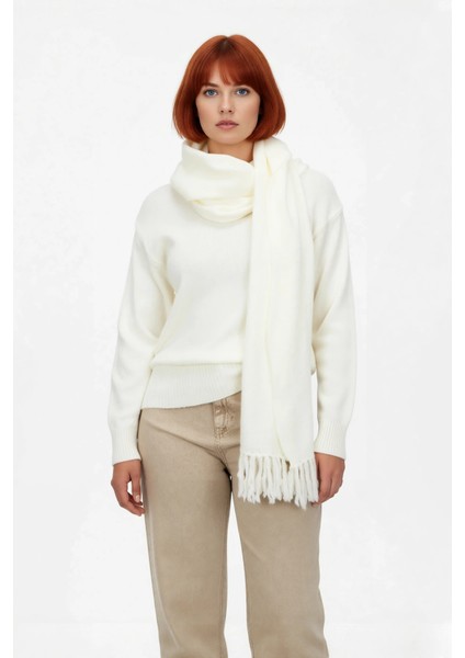 Kadın Şık Akrilik Triko Kazak Regular Kalıp Bisiklet Yaka Düşük Kol Şal Detaylı Kışlık Konfor