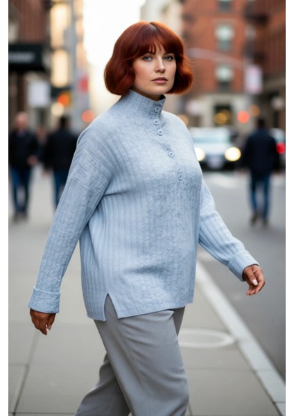 Kadın Fitilli Dokuma Triko Kazak Relaxed Kalıp Dik Yaka Düğmeli Detay Kış Konforu Şıklığı Kaliteli modelleri