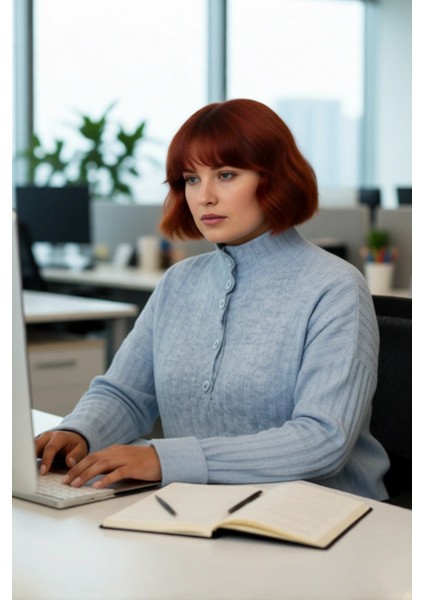 Kadın Fitilli Dokuma Triko Kazak Relaxed Kalıp Dik Yaka Düğmeli Detay Kış Konforu Şıklığı Kaliteli fırsatları