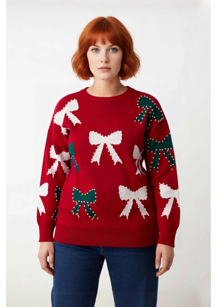 Kadın Kışlık Yılbaşı Temalı Fiyonklu Incili Bisiklet Yaka Uzun Kol Düşük Omuz Regular Triko Kazak