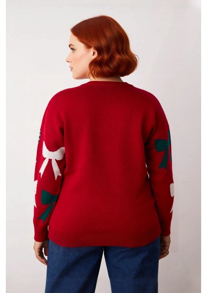 Kadın Kışlık Yılbaşı Temalı Fiyonklu Incili Bisiklet Yaka Uzun Kol Düşük Omuz Regular Triko Kazak fiyatları