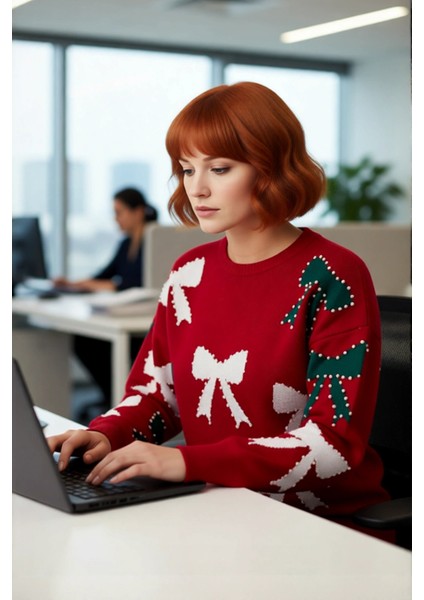 Kadın Kışlık Yılbaşı Temalı Fiyonklu Incili Bisiklet Yaka Uzun Kol Düşük Omuz Regular Triko Kazak fırsatları