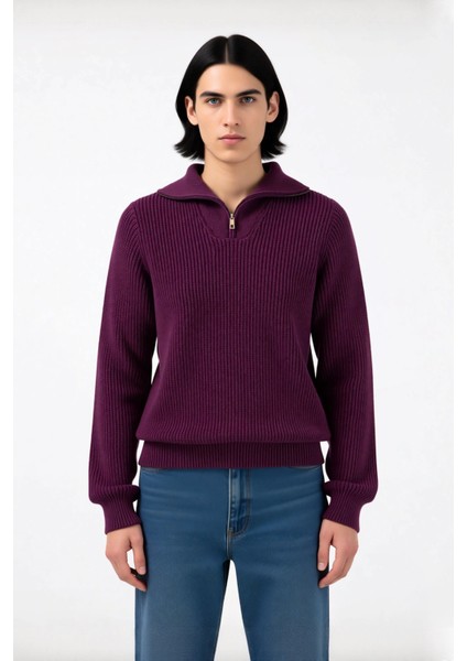 Erkeklerin Soğuk Havalarda Tercihi Regular Kalın Fermuarlı Dik Yaka Selanik Triko Kazak Modeli