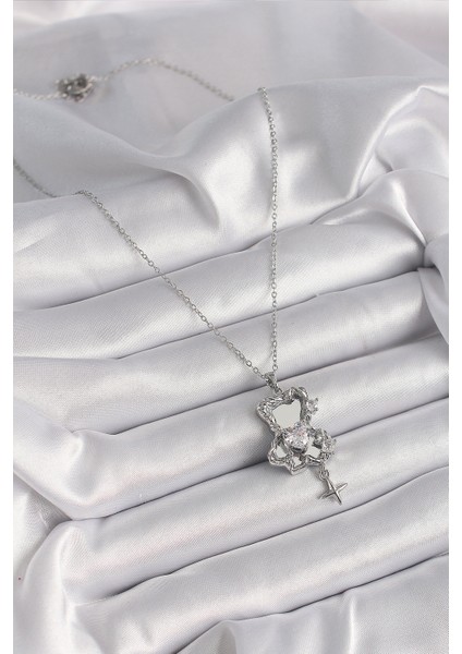 316L Çelik Gümüş Renk Ayna Ayıcık Model Zirkon Taşlı Kalp Detay Kadın Kolye - Lisinya fiyatları