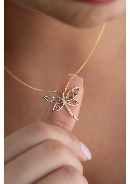 925 Ayar Gümüş Gold Kaplama Renkli Model Yusufçuk Kolye