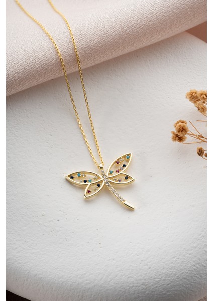 925 Ayar Gümüş Gold Kaplama Renkli Model Yusufçuk Kolye fiyatları