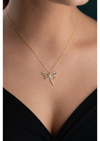 925 Ayar Gümüş Gold Kaplama Renkli Model Yusufçuk Kolye modelleri