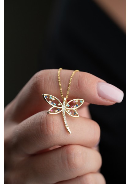 925 Ayar Gümüş Gold Kaplama Renkli Model Yusufçuk Kolye fırsatları