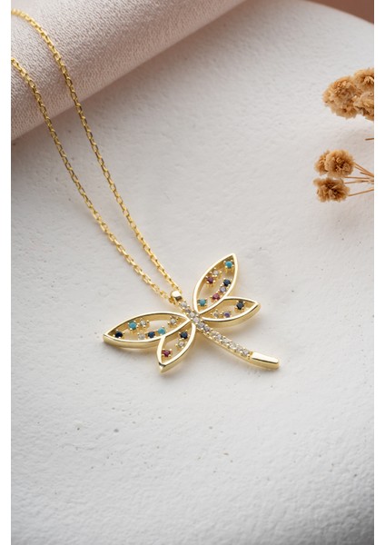 925 Ayar Gümüş Gold Kaplama Renkli Model Yusufçuk Kolye indirimleri