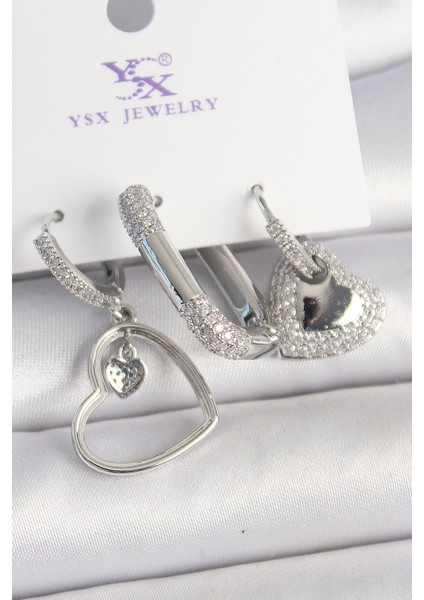Pirinç Gümüş Renk Sallantı Zirkon Taşlı Kalp Model 3'lü Kadın Kombin Küpe - Lisinya