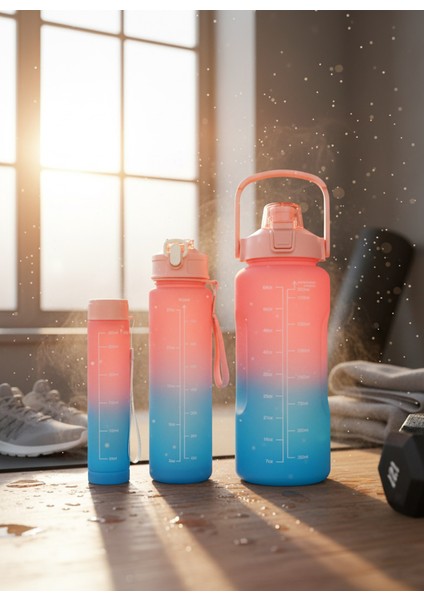Pembe, 3’lü Set - Sticker’lı Pipetli Matara Seti - 2000ML,900ML,300ML