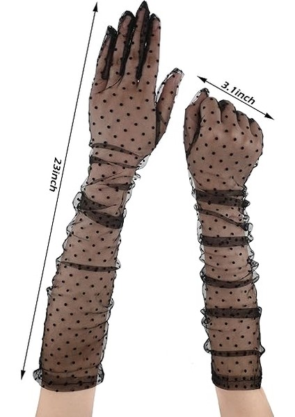 Uzun Boy Siyah Puantiyeli Siyah Renk Yetişkin Tül Eldiven 55 cm (4915)
