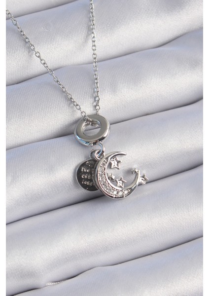 316L Çelik Gümüş Renk Zirkon Taşlı Ay Yıldız Figür Charm Model Kadın Kolye - Lisinya