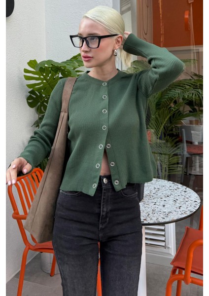 Yeşil Çıt Kapamalı Triko Kadın Hırka MG2579