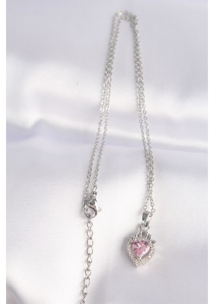 316L Çelik Zincir Gümüş Renk Pembe Zirkon Taşlı Rapunzel Kolye - Lisinya modelleri
