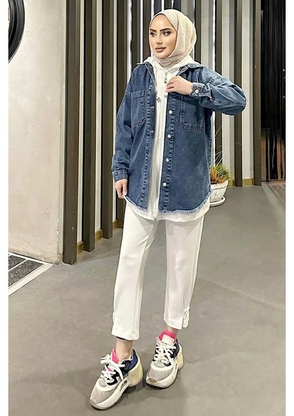 Koyu Mavi Kar Yıkama Püskül Detay Kot Ceket Oversize ( Lisinya )