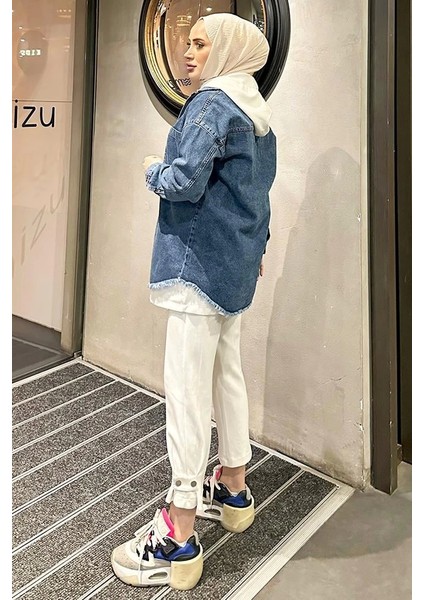 Koyu Mavi Kar Yıkama Püskül Detay Kot Ceket Oversize ( Lisinya ) fiyatları