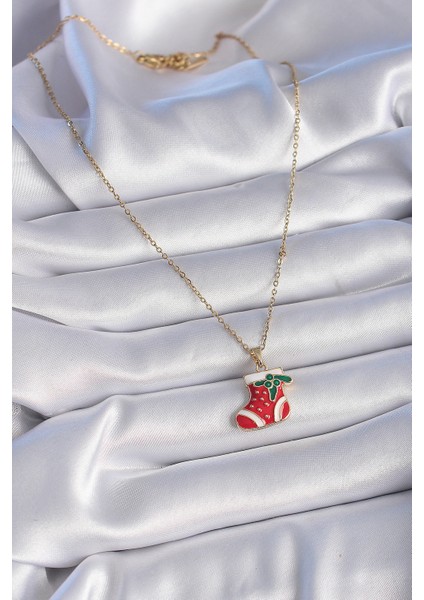 316L Çelik Gold Renk Zincir Yılbaşı Temalı Kırmızı Noel Çorabı Figür Kadın Kolye - Lisinya fiyatları