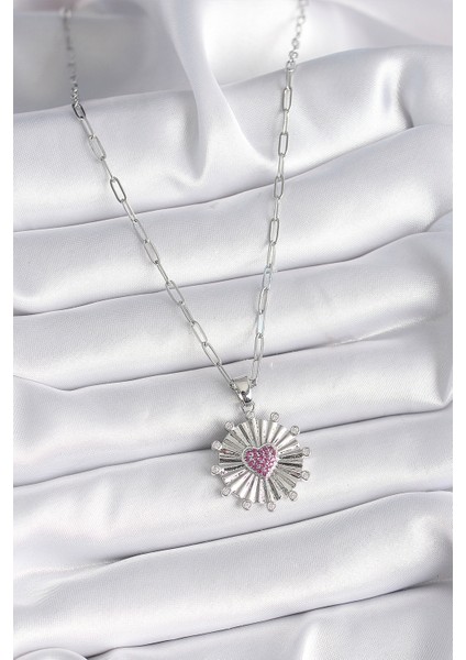 316L Çelik Gümüş Renk Pembe Zirkon Taşlı Kalp Işleme Madalyon Model Kadın Kolye - Lisinya fiyatları