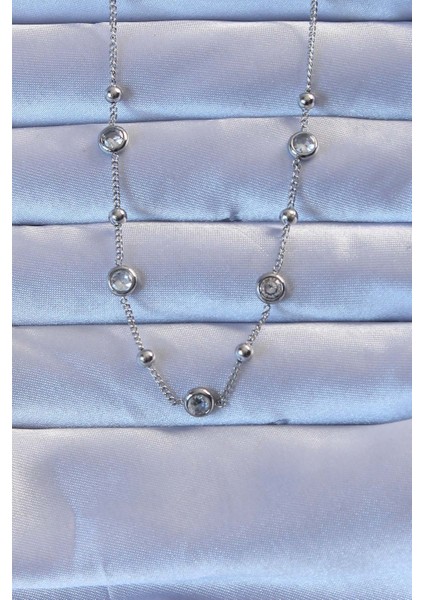 316L Çelik Gümüş Renk Zirkon Taşlı Top Zincirli Kolye - Lisinya