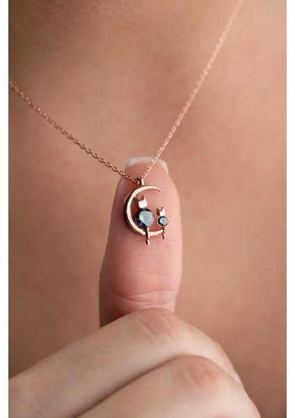 925 Ayar Gümüş Rose Kaplama Mistik Topaz Taşlı Kedili Hilal Kolye modelleri