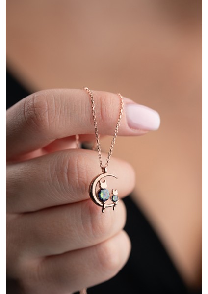 925 Ayar Gümüş Rose Kaplama Mistik Topaz Taşlı Kedili Hilal Kolye fırsatları